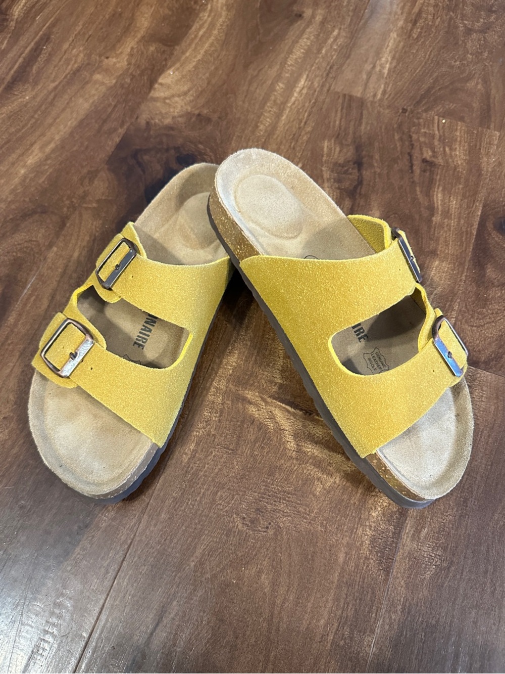 Yellow slide on double buckle sandals size 7